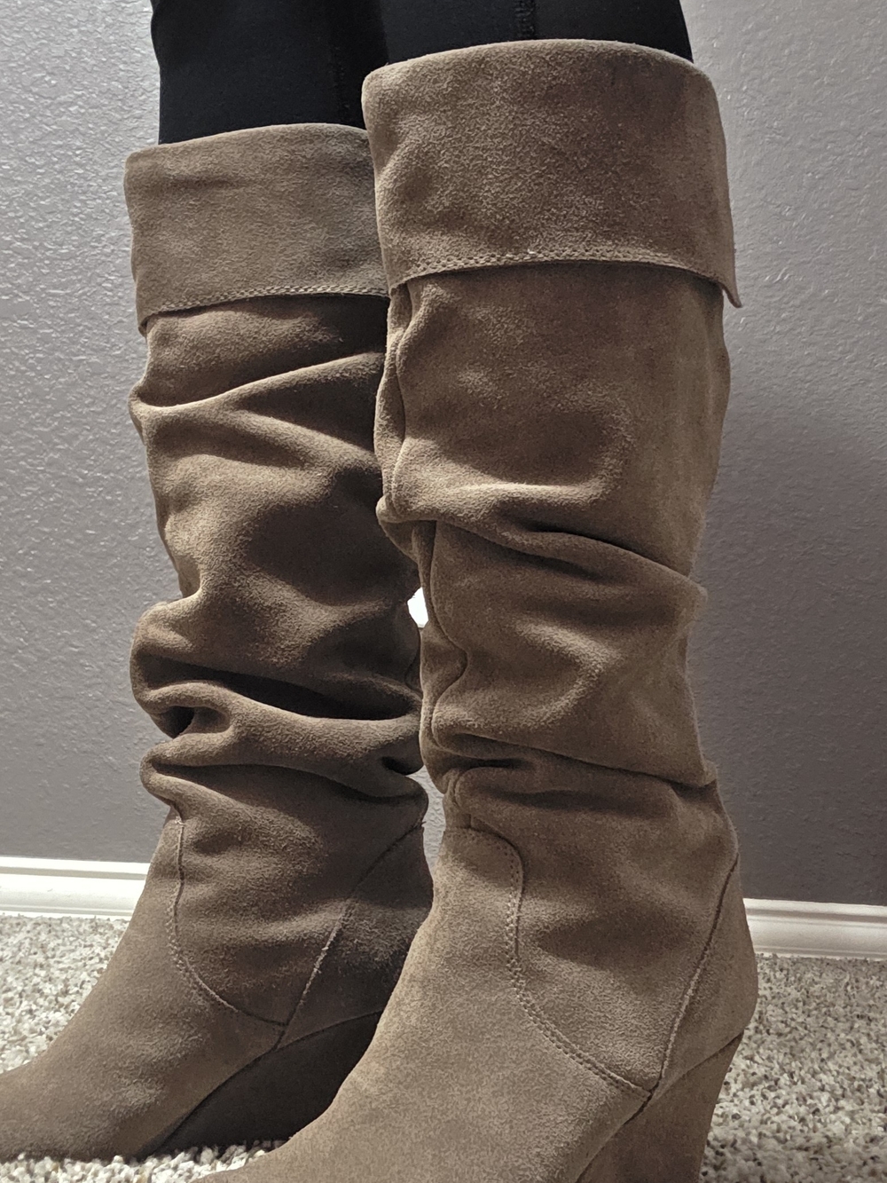Steve Madden Slouchy Knee-High Wedge Boots - Taupe